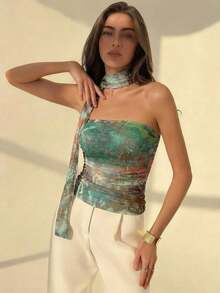 elegante y romántica con estampado de flores y teñido anudado, con volantes sin tirantes.Blusa floral romántica para verano, primavera, fiestas de San Valentín, playa y salidas - Multicolor 2 - Ver 3