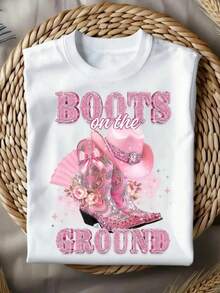 Women's Western Style Denim T-Shirt - Rhinestone And Pink Boot Print, Short Sleeve Crew Neck Solid Color Top, Suitable For Country Parties, Rodeos, Casual Wear - Breathable Spring Summer Outfit - White - View 1