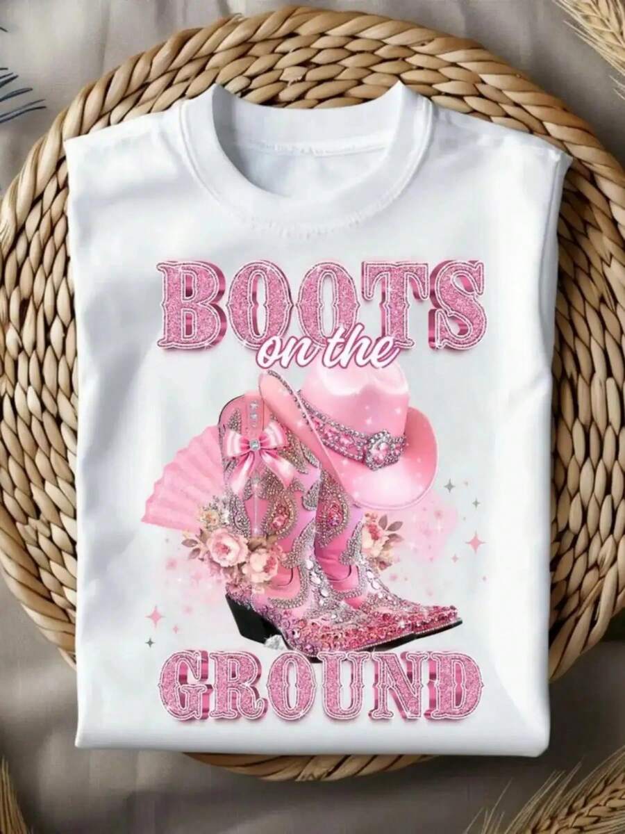 Women's Western Style Denim T-Shirt - Rhinestone And Pink Boot Print, Short Sleeve Crew Neck Solid Color Top, Suitable For Country Parties, Rodeos, Casual Wear - Breathable Spring Summer Outfit - White - View 1