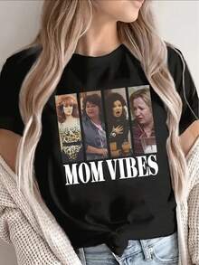 Polyester Short Sleeve T-Shirt With "Mom Vibes" Print, Lightweight And Durable For Casual Wear At Home, Restaurant Or Outdoor Activities, With Fun Maternity-Themed Design In Bold Lettering - 黑色 - 查看 1