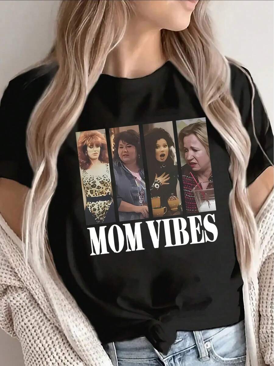 Polyester Short Sleeve T-Shirt With "Mom Vibes" Print, Lightweight And Durable For Casual Wear At Home, Restaurant Or Outdoor Activities, With Fun Maternity-Themed Design In Bold Lettering - 黑色 - 查看 1