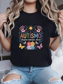 1 pieza Camiseta de manga corta de primavera/verano para mujer, 100% algodón, 180g, con estampado de concientización sobre el autismo: Aceptar, comprender, amar el autismo: Aceptación, comprensión, amor, rompecabezas, mariposa. - Negro - Ver 6