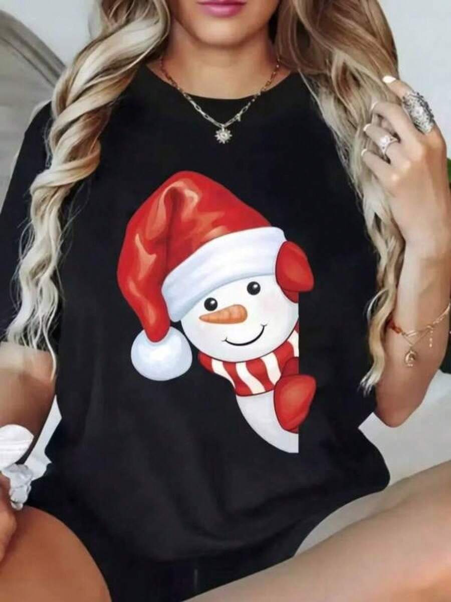 New 2026 Playera con diseño de Muñeco de Nieve, estampado, navideño, colorido, ideal para esta temporada, moderna, holgada, cuello redondo, manga corta, para fiestas de temporada y uso diario, ideal para toda la familia - Negro - Ver 1