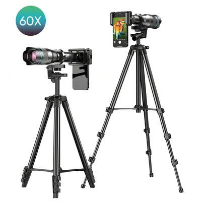  Ống kính tele APEXEL 60X dành cho điện thoại, ống kính chụp ảnh tầm xa kèm chân đế có thể kéo dài, kính viễn vọng đơn 4K cho iPhone và tất cả các điện thoại thông minh, kẹp đa năng cho điện thoại có đường kính từ 66–95mm.
