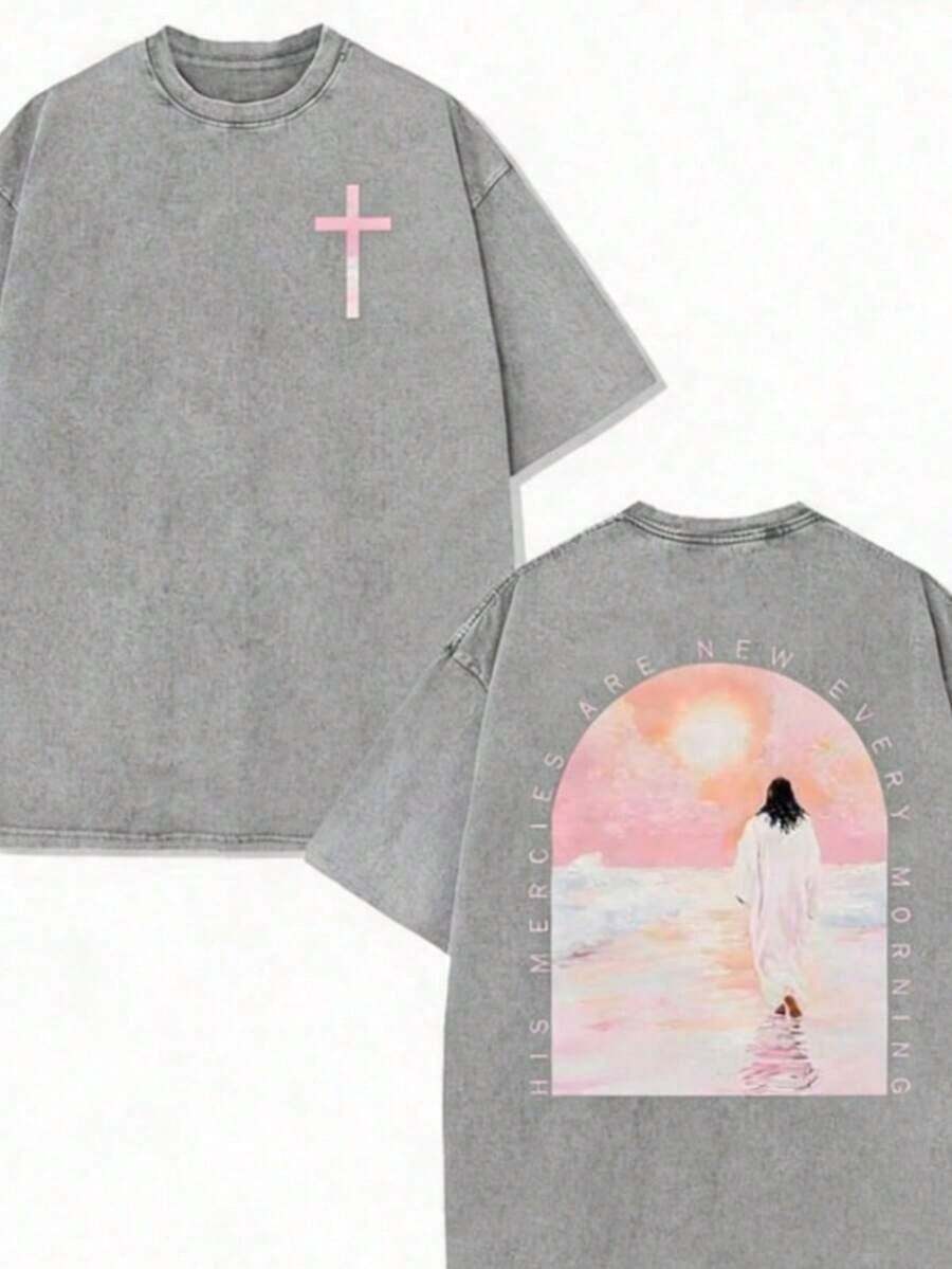 Summer Tops 2026, Elegant Cross And Jesus Print, Washed T-Shirt With Retro Urban Style. Simple And Versatile, This High-Quality, Novel, And Fashionable Pure Cotton T-Shirt Is A Must-Have Item For Spring And Summer. Loose And Comfortable. - 白色 - 查看 1