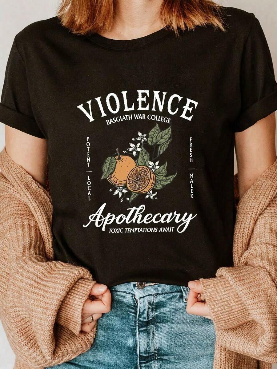 Camiseta Casual para Mujer, de Algodón, Cuello Redondo, Tejido de Punto Casual, con Estampado de Frutas y Botánicos, para Todas las Temporadas, 100% Algodón, Duradera - Negro - Ver 1