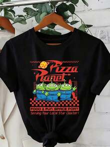 Casual Loose-Fitting T-Shirt With A "" And "Pizza Planet" Print From Planet Pizza, Suitable For Summer And Spring, Short-Sleeved T-Shirts, Women's Clothing, Party Favor And Costumes. 100% Cotton, Durable. - 黑色 - 查看 1
