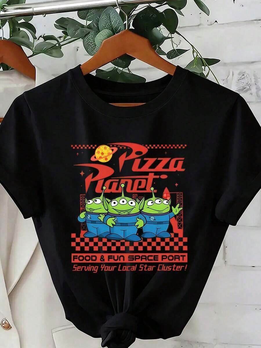 Casual Loose-Fitting T-Shirt With A "" And "Pizza Planet" Print From Planet Pizza, Suitable For Summer And Spring, Short-Sleeved T-Shirts, Women's Clothing, Party Favor And Costumes. 100% Cotton, Durable. - 黑色 - 查看 1