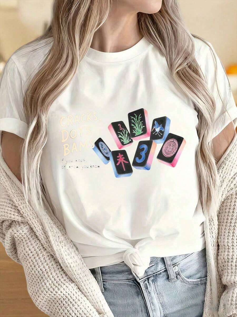 Camiseta Casual para Mujeres y Hombres con Cuello Redondo y Mangas Cortas. Camiseta con Diseño de Puntos y Fichas de Mahjong para Mujeres. Divertida Camiseta Casual de Manga Corta con Diseño de Caracteres y Números Chinos. Estampados Divertidos Ideales para Fiestas de Navidad, Actividades Deportivas, Fiestas de Vacaciones, Salidas, Deportes y Otros Regalos Festivos (220g). 100% Algodón Resistente - Blanco - Ver 1