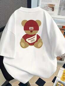 Camisetas de manga corta de talla grande para mujer, ideales para el verano, tops básicos para el día a día, camiseta estampada de manga corta con diseños en la parte delantera y trasera - Oso Mágico, estilo de dibujos animados - Camiseta estampada de primavera/verano para mujer, artículo de moda, versátil y casual, transpirable y cómoda. - Blanco - Ver 2