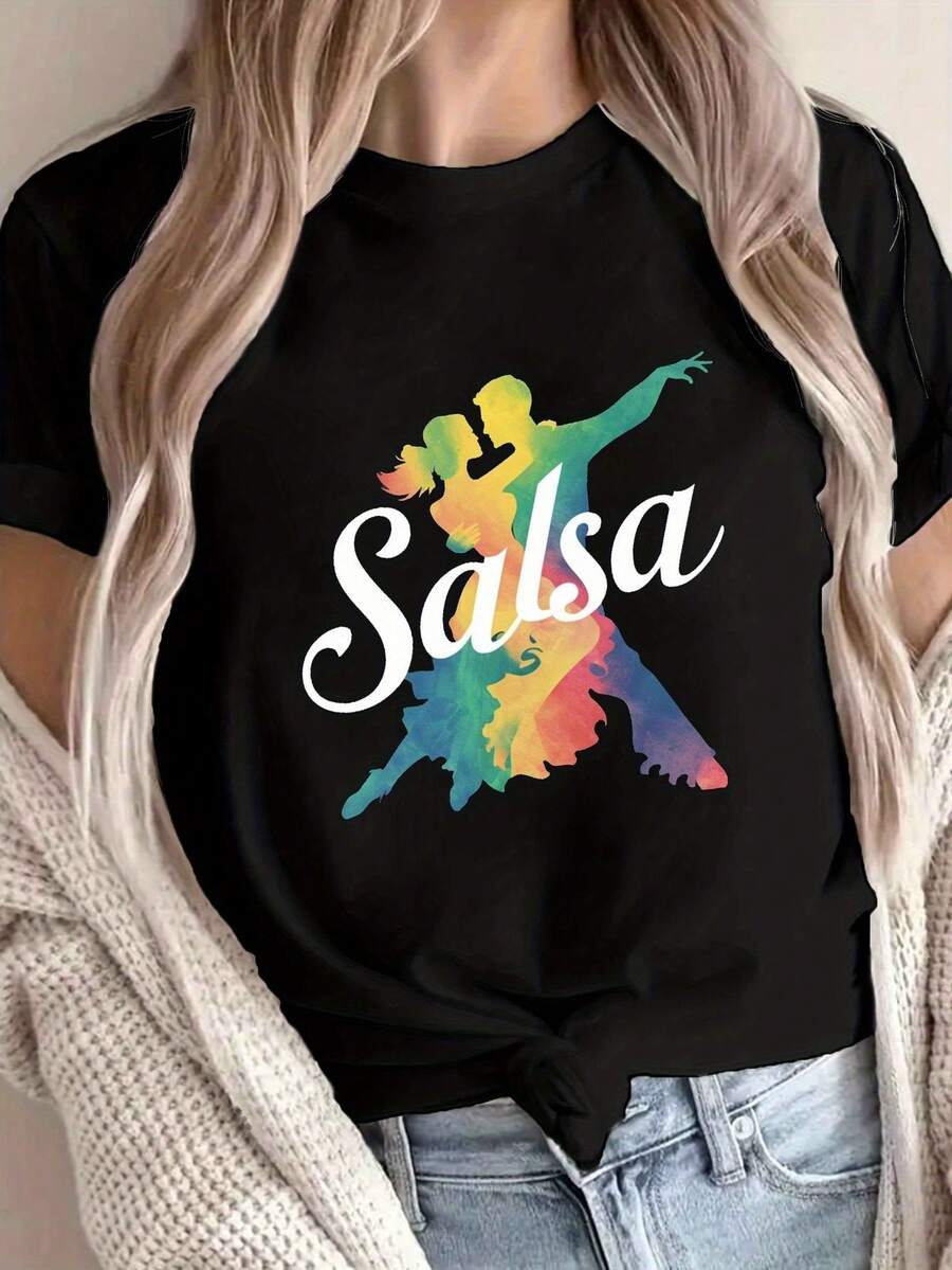 Women's Salsa Dancing Couple Graphic T-Shirt - Vibrant Geometric Print, Short Sleeve And Round Neck, Casual Tee With Medium Elasticity For Summer And Spring, Machine Washable, Clothing For Dance Enthusiasts, Dance Motif Shirt, Comfortable Fit - 黑色 - 查看 1