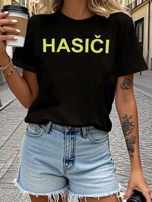Women's T-Shirt With Czech Firefighter "HASIČI" Graphic Print, Short Sleeves, Round Neck, Casual Spring And Summer Wear, Perfect For Everyday Wear And Holiday Gifts - 黑色 - 查看 1