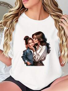 Camiseta divertida de manga corta con estampado-Atuendo festivo fácil y cálido con diseño de madre y hija besándose-Estilo deportivo casual de moda para mujer, camiseta base de cuello redondo cómoda con estampado moderno y único, perfecta como camiseta de regalo - Negro - Ver 6
