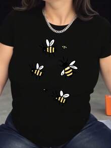 Bee Print T-Shirt - Soft, Breathable, Comfortable, Polyester Blend, Short Sleeve, Summer Casual Sportswear, Easy Care, Quick Drying, Suitable For Outdoor Activities And Casual Wear, Casual Style, ALL/Everyone/Everyone. - 黑色 - 查看 1