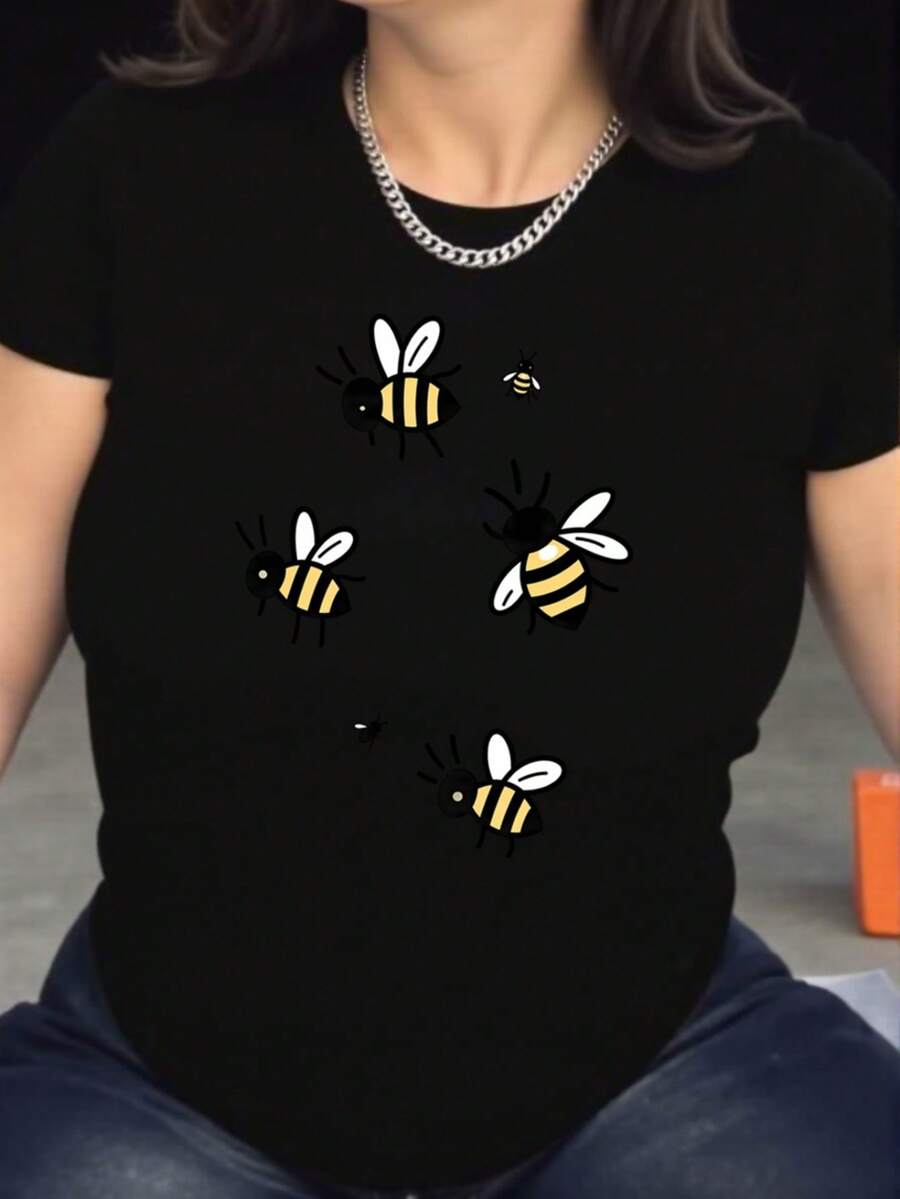Bee Print T-Shirt - Soft, Breathable, Comfortable, Polyester Blend, Short Sleeve, Summer Casual Sportswear, Easy Care, Quick Drying, Suitable For Outdoor Activities And Casual Wear, Casual Style, ALL/Everyone/Everyone. - 黑色 - 查看 1