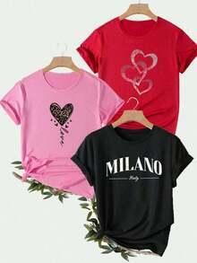 Women's T-Shirt 2026, Creative Design With Leopard Print, Heart-Shaped Ring Print And The Letter MILANO, Unique Piece, Casual Short-Sleeved Round Neck Top For Spring And Summer, Women's Clothing. - 黑色 - 查看 1