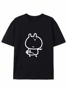 Camiseta de algodón puro para hombre, novedad de verano 2026, con estampado de conejo - Moda casual de verano, manga corta, cuello redondo, lavable a máquina - Camiseta unisex de algodón holgada, estilo vintage urbano, con cuello redondo y manga corta, estampada, versátil y casual. - Negro - Ver 1