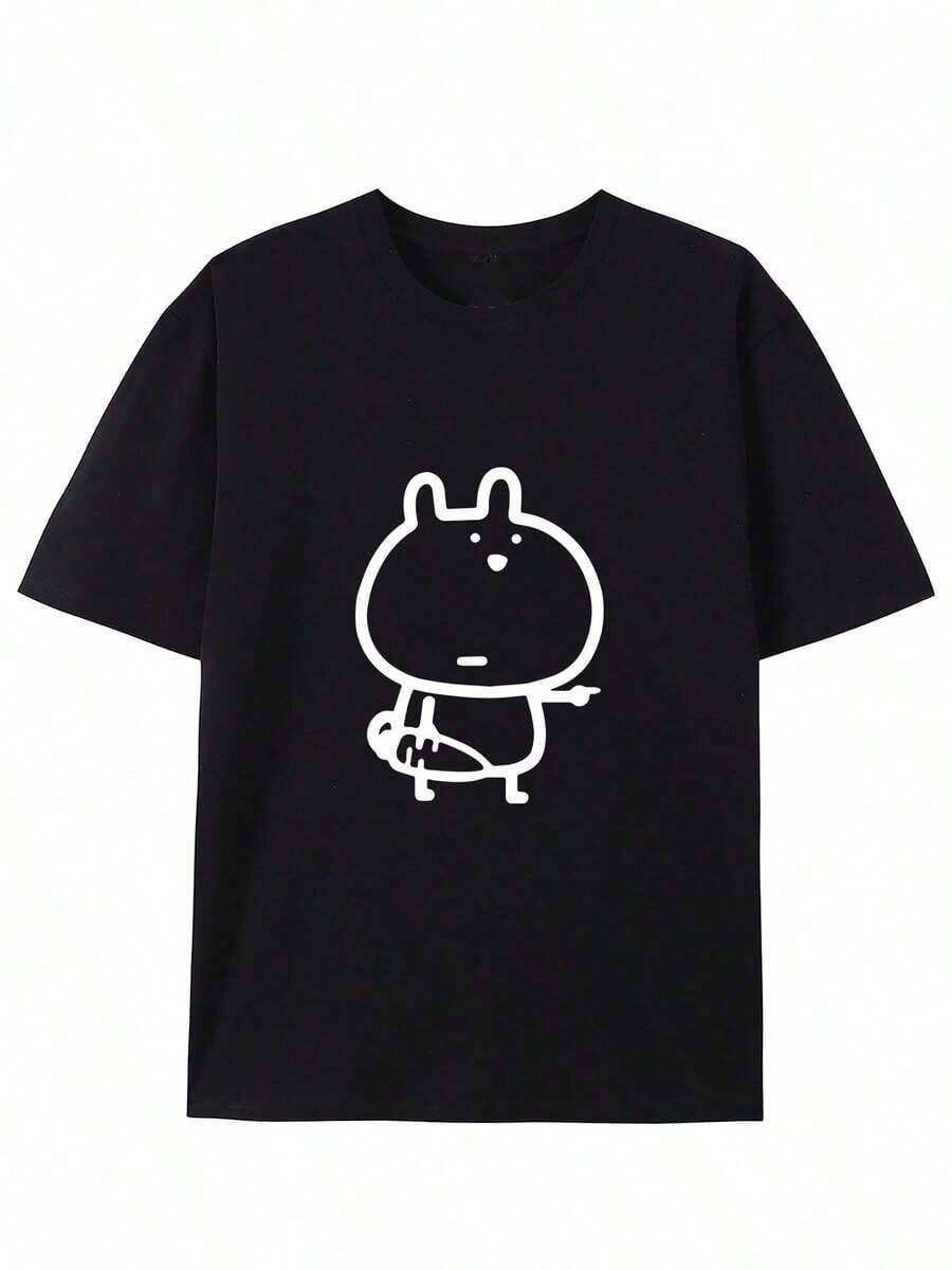 Camiseta de algodón puro para hombre, novedad de verano 2026, con estampado de conejo - Moda casual de verano, manga corta, cuello redondo, lavable a máquina - Camiseta unisex de algodón holgada, estilo vintage urbano, con cuello redondo y manga corta, estampada, versátil y casual. - Negro - Ver 1