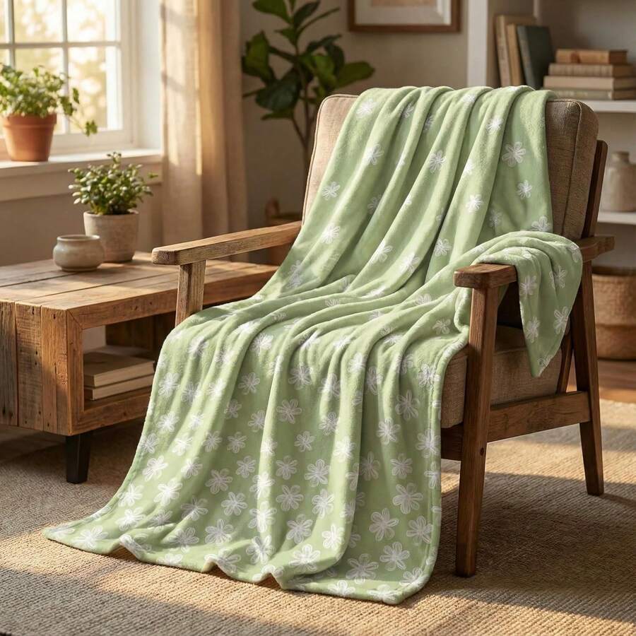 Spring & Summer Flannel Blanket, Soft Plush Wool Blanket With Green Watercolor Floral Pattern, Suitable For Sofa, Bed, Relaxation, An Ideal Gift For Family And Wife - Multicolor - View 1