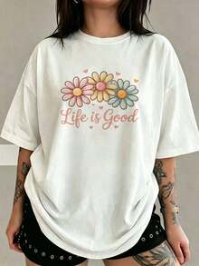 PremiumCamiseta Holgada para Mujer Blanca con Estampado de Margaritas Multicolor y Corazones, Cuello Redondo de Manga Corta, Top Casual con Diseño Floral Alegre, Ropa Cómoda para Uso Diario, Estilo Relajado para Verano y Salidas Informales Eco-Friendly - Blanco - Ver 7