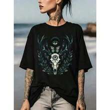 New Summer 2026 Collection: Local Shipping, Women's T-Shirt With Gothic Skull And Deer Print For Day Of The Dead, Soft And Breathable Short Sleeve, Perfect For Everyday Wear, Outdoor Activities, Travel, And Casual Style, Comfortable Fit For All-Day Wear. 100% Cotton - High Quality - 黑色 - 查看 1