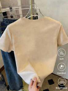 Spring/Summer 2026 Fashion Short Sleeve T-Shirt, Cartoon Print, Couple Style, Underwear/Outerwear, Casual Round Neck Office Unisex One Piece Top - 杏 - 查看 3