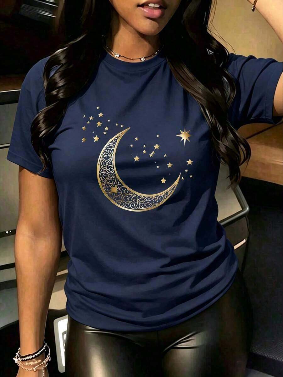 Women's Casual T-Shirt With Moon And Stars Print In Black, Short Sleeve, Dropped Shoulders, Round Neck, Knit Fabric With Medium Elasticity For A Chic And Cute Look. - 海軍藍 - 查看 1
