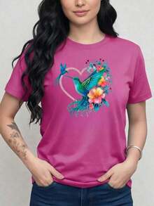 Free Shipping, Local Delivery In Mexico. Delivery In 4 Days. Women's Graphic T-Shirt, Casual Printed T-Shirts With Heart, Butterfly, Feather, Flower, Floral Style, Sparkly, Shiny, Shiny, For Daily Wear, Night Out, Valentine's Day, For Lovers, Soft Material, Loose Fit, Crew Neck, Short Sleeve - 紫紅色 - 查看 1