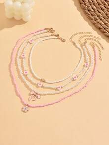 4pcs Sweet Rice Pearl & Metal Flower Butterfly Pendant Necklace Set, Cute & Delicate For Women, Suitable For Outing, Beach, Daily Wear - Multicolor - View 1
