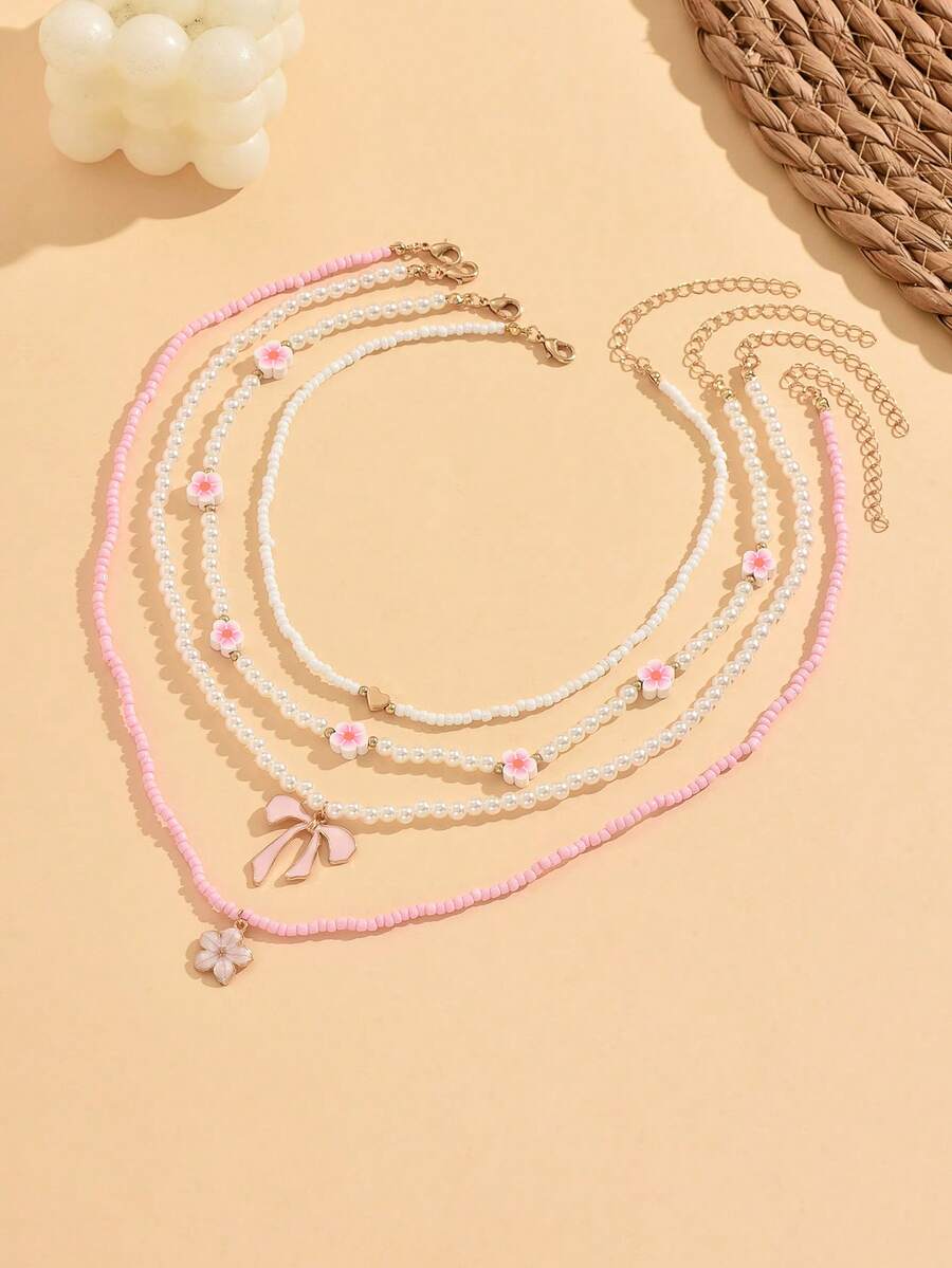 4pcs Sweet Rice Pearl & Metal Flower Butterfly Pendant Necklace Set, Cute & Delicate For Women, Suitable For Outing, Beach, Daily Wear - Multicolor - View 1