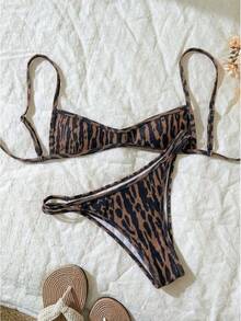 Traje de baño de tres piezas con cuello halter y estampado de lunares para mujer - estampado de leopardo - Ver 1