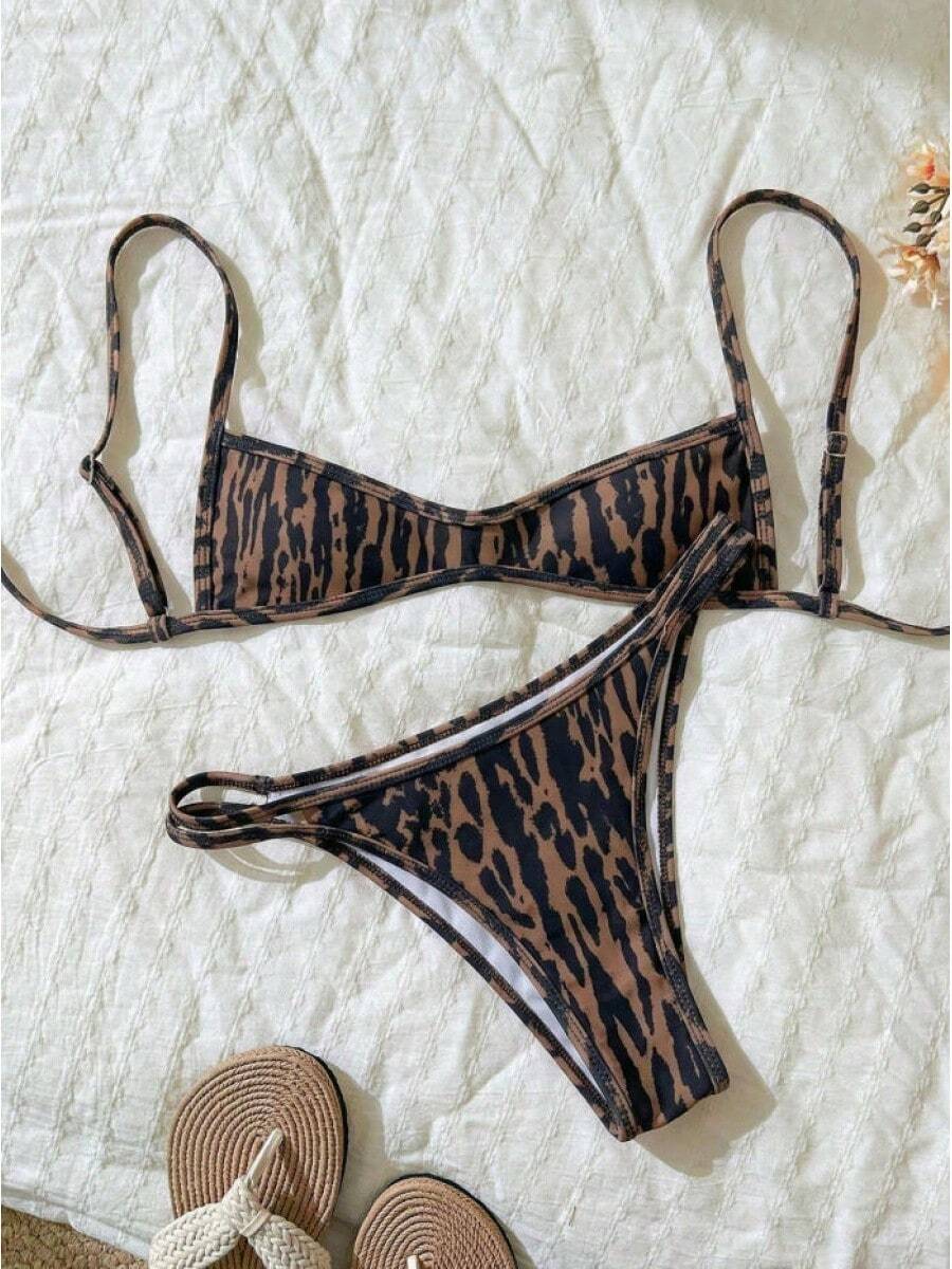 Traje de baño de tres piezas con cuello halter y estampado de lunares para mujer - estampado de leopardo - Ver 1