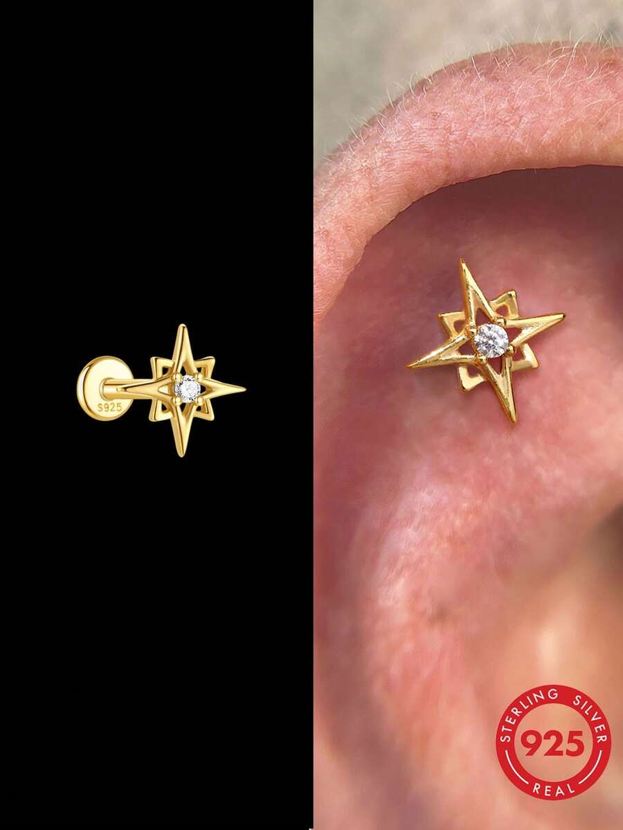 1pc 925 Sterling Silver Octagonal Star Earrings, Suitable For Daily Wear, Weddings, Parties, Engagements, Luxury Jewelry