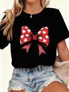 Women's Red T-Shirt With White Heart-Shaped Dots, Short Sleeves, Round Neck, Casual Loose H-Shaped Top, Suitable For Summer And Autumn, Machine Washable, For Everyday Outings - 黑色 - 查看 11