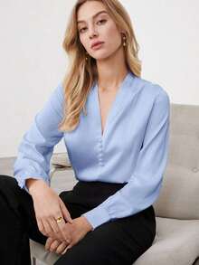 Blusa de manga de globo con cuello en V, nueva para primavera/verano, de tela de satén, elegante y versátil para el día a día en la ciudad, con estilo retro de los 90, adecuada para Navidad, Año Nuevo, San Valentín, fiestas, playa, graduación, mod - Celeste - Ver 1