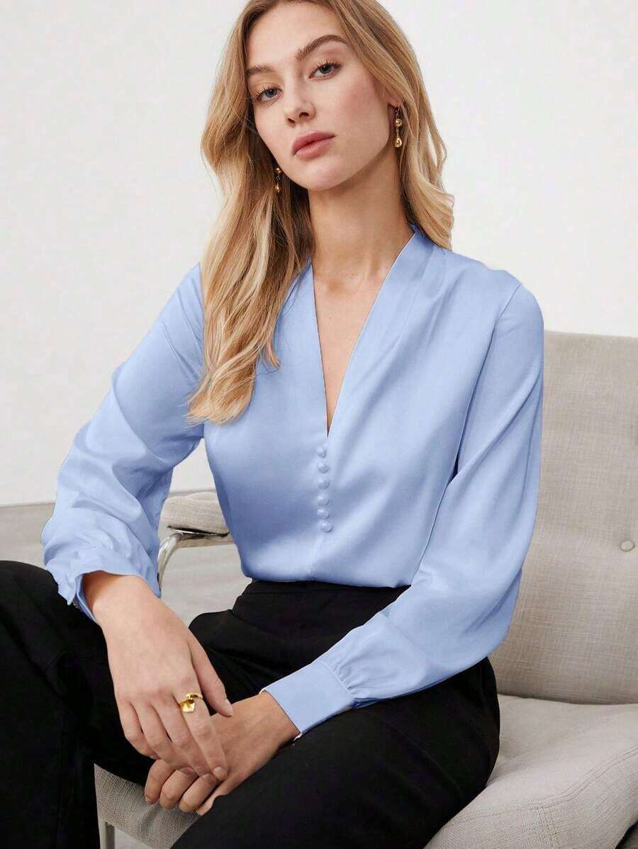 Blusa de manga de globo con cuello en V, nueva para primavera/verano, de tela de satén, elegante y versátil para el día a día en la ciudad, con estilo retro de los 90, adecuada para Navidad, Año Nuevo, San Valentín, fiestas, playa, graduación, mod - Celeste - Ver 1