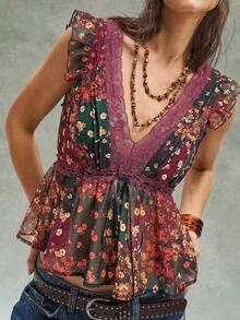 Blusa de verano casual de mujer con cuello en V, mangas cortas y encaje, con estampado floral ditsy para festivales de música, vacaciones y fiestas - Negro - Ver 5
