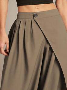 Pantalones casuales de unicolor asimétricos para mujer, pantalones de diseño suelto con cordón, longitud hasta el tobillo con botón y cremallera con pliegues - Caqui - Ver 5