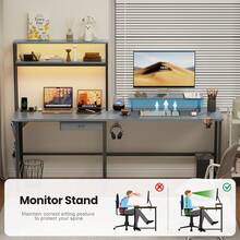Escritorio para juegos HLDIRECT en forma de L con luz LED y toma de corriente, escritorio de esquina para computadora con estantes de almacenamiento, cajón y bolsa, mesa de juego con soporte para monitor, oficina en casa - Gris - Ver 3