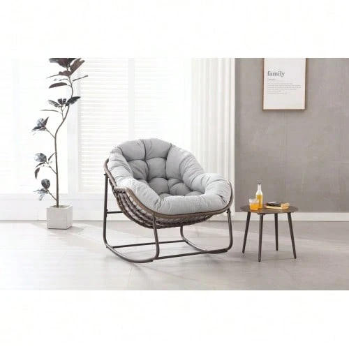 Outdoor Rattan Rocking Chair, Upholstered Swing Seat With Backrest For Front Entrance, Living Room, Patio, Garden - 淺灰色 - 查看 1