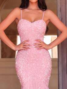 Faeriesty Váy tiệc hai dây hở lưng đính sequin lấp lánh sang trọng quý phái, phối cùng chân váy voan nhiều lớp | Hồng - Hồng - Xem 5