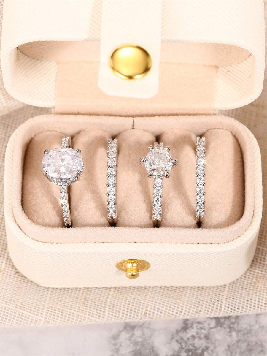 4pcs Elegant Cubic Zirconia Stone Rings Set With Gift Box, Suitable For Women, Applicable For Wedding, Engagement, Anniversary Party, Jewelry Valentine's Day Gift And More - 1# - View 1