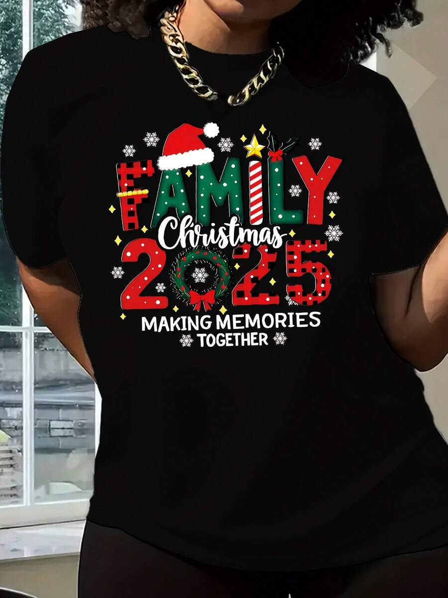 Camiseta Casual de Manga Corta con Cuello Redondo para Mujer - Estampado de Círculo "Family Christmas 2025 Squad Creating Memories Together" - Ropa de Mujer - Negro - Ver 1