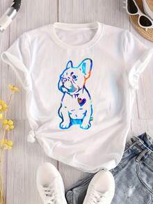 Camiseta de talla con estampado de cachorro y color degradado, de color - Blanco - Ver 1