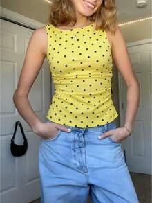 Women Tank Top, Sleeveless Tops Crew Neck Tie-up Dots Print Slim Fit Summer Clubwear - Amarillo - Ver 1