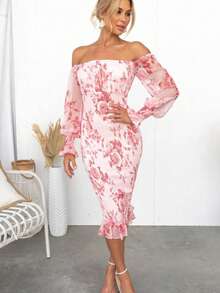 Vestido otoñal estampado cuello barra manga larga cintura elástica corte sirena sensual estilo europeo elegante para mujer - Rojo - Ver 8