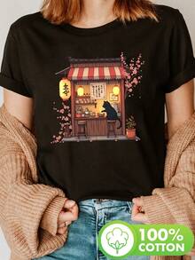 Camiseta de Manga Corta para Mujer con Estampado de Gato Comiendo Ramen, Diseño Inspirado en Japón con Cerezos Floridos, Top Casual para Primavera y Verano | Camiseta Gráfica Anime | Lavable a Máquina - Negro - Ver 6
