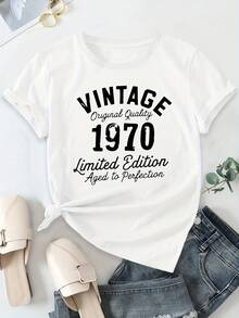 Camiseta de mujer de manga corta y cuello redondo, casual y de moda, esencial de verano, pura y de alta calidad, con estampado de letras - Blanco - Ver 3