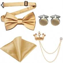 New Silk Bow Tie Set For Men, Available In 9 Colors, Includes Crown Flower Lapel Pin, Handkerchief And Cufflinks - A - View 7
