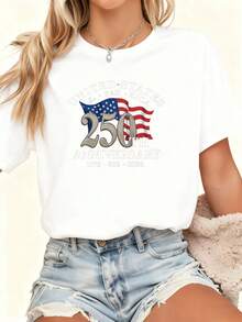 Plus Size T-Shirt Celebrating The 250th Anniversary Of U.S. Independence (1776-2026) With Stars And Stripes - Unisex Loose Fit Casual T-Shirt Suitable For Patriotic People, Historical Themed Clothing With Comfortable Crew Neck (Machine Washable) - 白色 - 查看 6